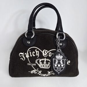 Juicy Couture Y2K Dark Brown Velour & Smooth Leather Bowler Satchel Vintage Bag